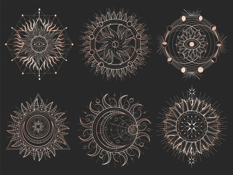Vector set of Sacred symbols and geometry figures on black background. Gold abstract signs. 