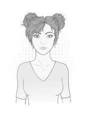 Vector illustration of a beautiful young woman with modern high hairstyle on a white background. Monochrome image. 