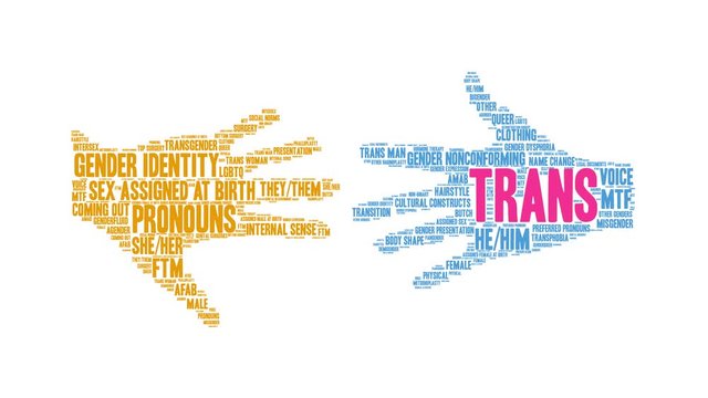 Trans animated word cloud on a white background. 