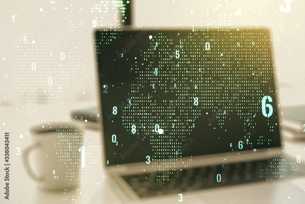Poster double exposure of abstract programming language with world map on laptop background, research and d