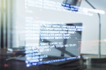 Multi exposure of abstract creative coding sketch on modern laptop background, artificial intelligence and neural networks concept