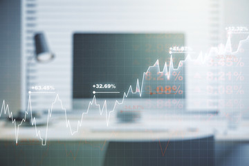 Multi exposure of abstract financial graph on laptop background, financial and trading concept