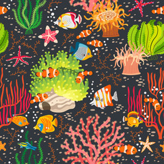 Coral reef seamless pattern with underwater animal