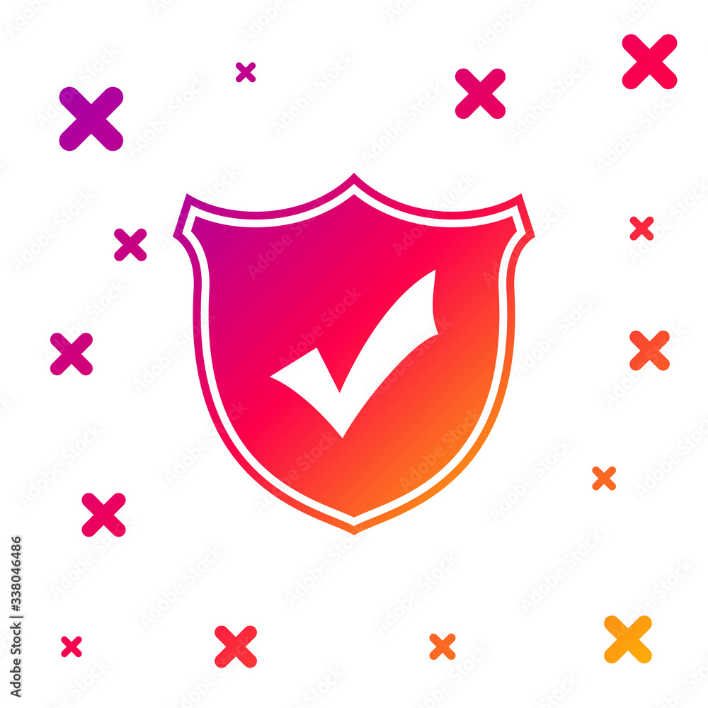 Poster color shield with check mark icon isolated on white background. gradient random dynamic shapes. vect
