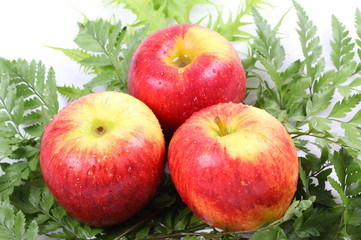 ripe red apple on green leaf on white background