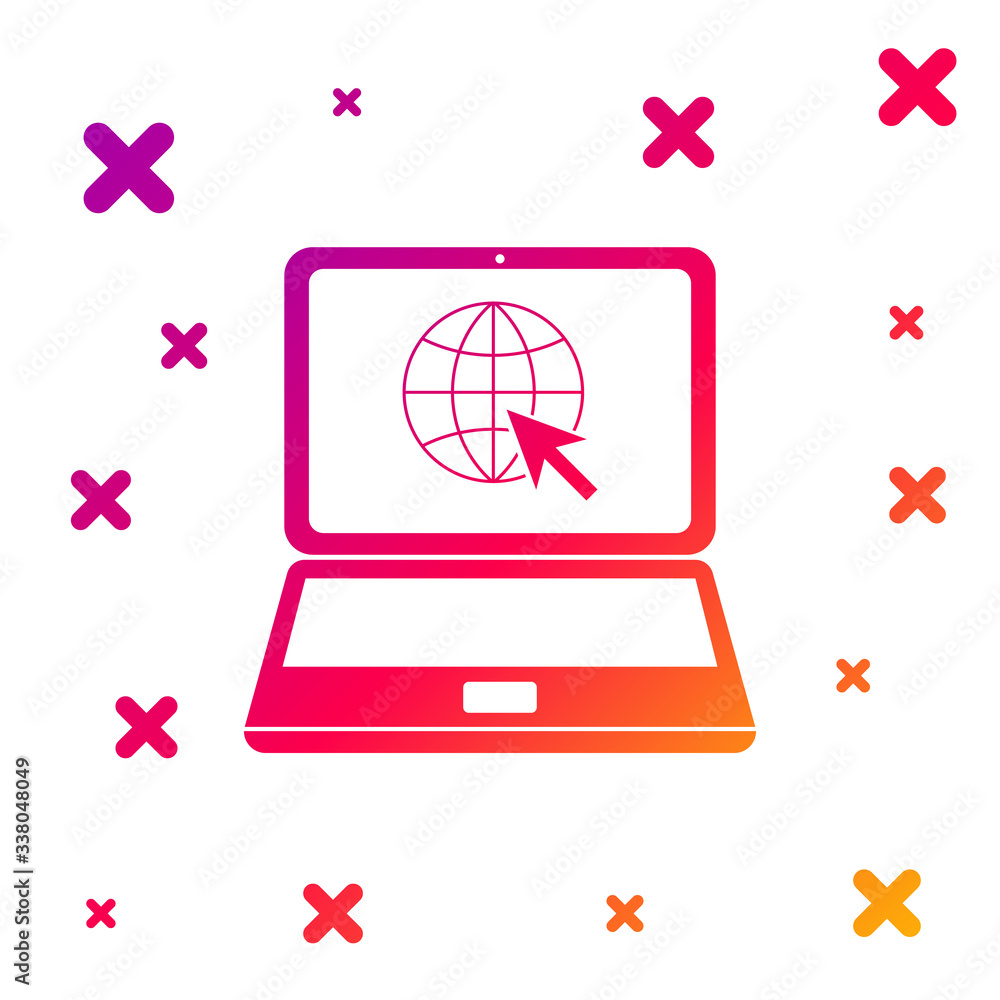 Poster color website on laptop screen icon isolated on white background. laptop with globe and cursor. worl