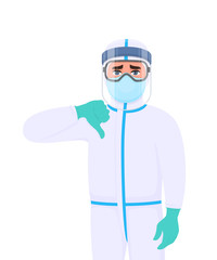 Fototapeta na wymiar Doctor in protective suit showing thumbs down gesture sign. Medical staff wearing face shield, gloves and gesturing hand. Physician covering with safety elements. Corona virus. Cartoon illustration.