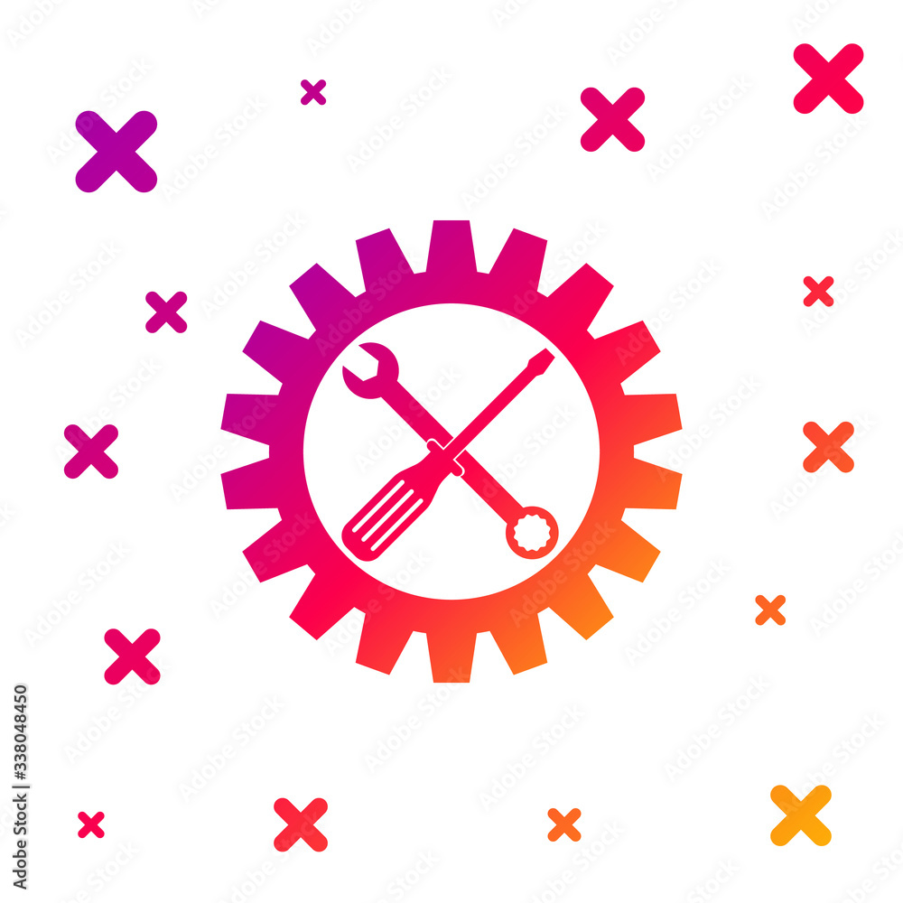 Poster Color Maintenance symbol - screwdriver, spanner and cogwheel icon isolated on white background. Service tool symbol. Setting icon. Gradient random dynamic shapes. Vector Illustration