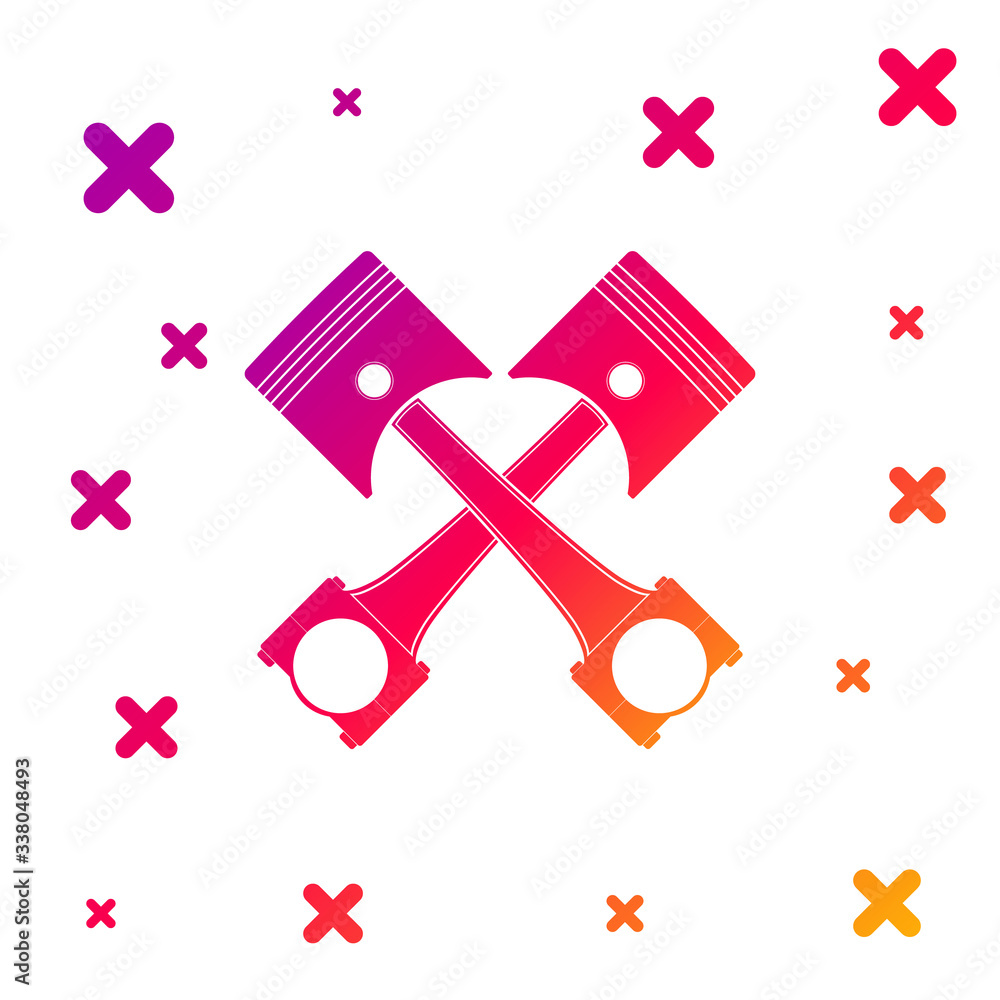 Poster color two crossed engine pistons icon isolated on white background. gradient random dynamic shapes. 