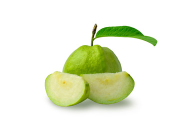 Guava, fruits and guava leaves, fruits with high vitamin C help strengthen the immune system, separated on a white background with the clipping path.