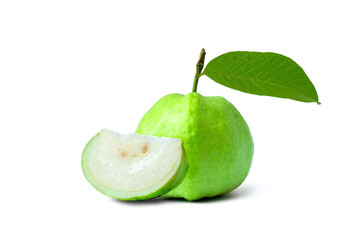 Guava, fruits and guava leaves, fruits with high vitamin C help strengthen the immune system, separated on a white background.