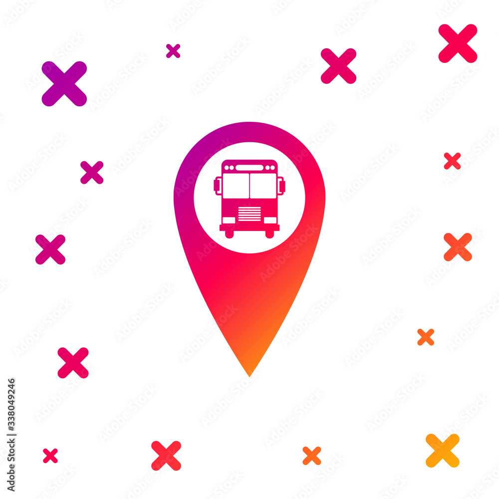 Poster color map pointer with bus icon isolated on white background. gradient random dynamic shapes. vector