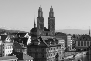 Zürich/Switzerland: The Grossminster seen from Lindenhof in the old town over the Limmat river
