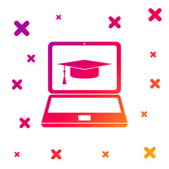 Color Graduation cap and laptop icon isolated on white background. Online learning or e-learning concept icon. Gradient random dynamic shapes. Vector Illustration