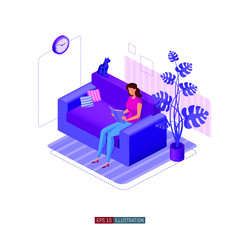 Trendy flat illustration. Girl with a book in the sofa. Indoor plant in a pot. Sitting cat. Template for your design works. Vector graphics.