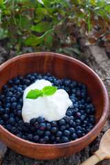 Fresh blueberries with sour cream, sugar and a mint leaf in a wooden bowl, selective focus