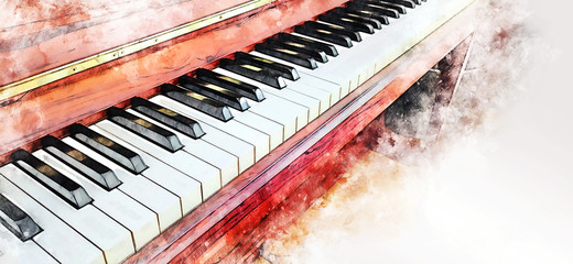 Abstract colorful piano keyboard on watercolor illustration painting background. - obrazy, fototapety, plakaty