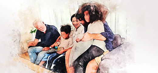 Abstract happiness family have fun and meeting in home on watercolor illustration painting background.