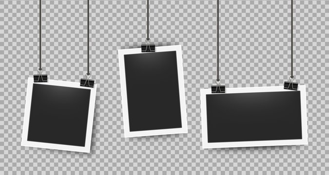 Realistic photo frames clipped on ropes. Retro 3D picture frame on white border for cameras photography. Vector illustration blank photoframe set on transparent background