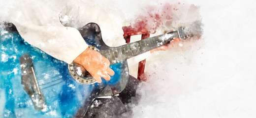 Fototapeta premium Abstract colorful a girl playing acoustic guitar on watercolor illustration painting background.