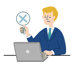 スーツ　男性　外国人　ブロンド　パソコン　バツ