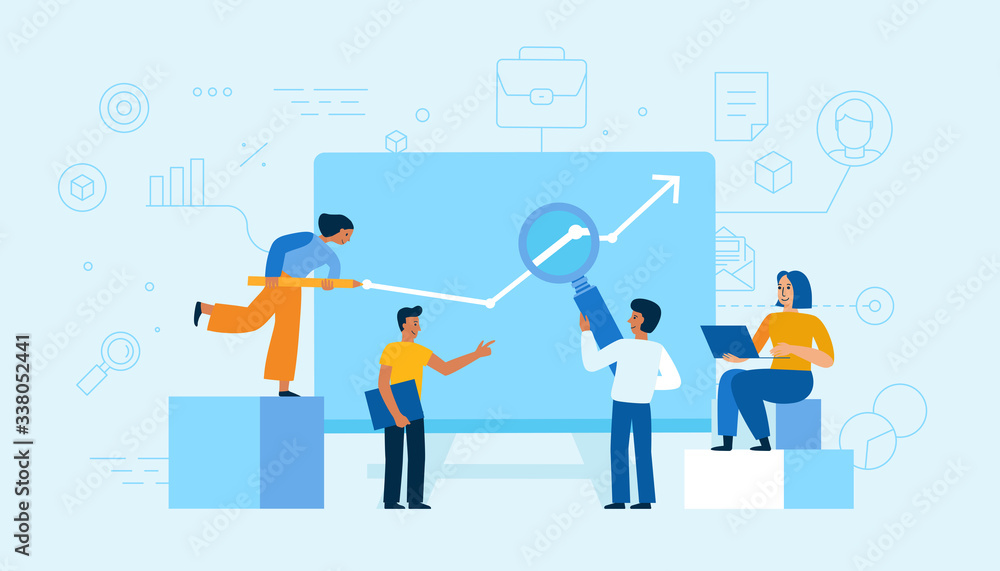 Poster Vector illustration in trendy flat and linear style - teamwork and business growth concept - people constructing graphics