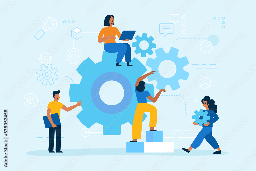 Poster vector illustration in simple flat style - teamwork and development concept - people holding abstrac