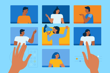 Vector illustration in simple flat style with chatacyers - video conference and online meeting interface - teamwork and development concept - banner and infographics design template