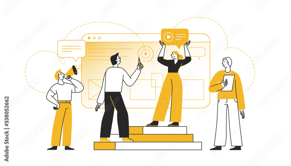 Aufkleber vector illustration in flat cartoon simple style with characters - teamwork concept