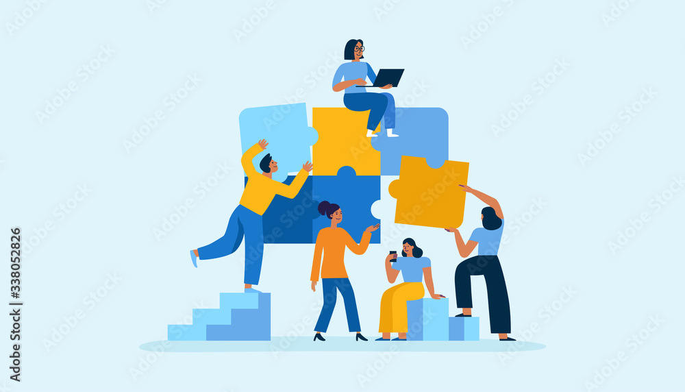 Poster Vector illustration in simple flat style - teamwork and development concept - people holding  abstract geometric shapes and puzzle pieces - organisation and management