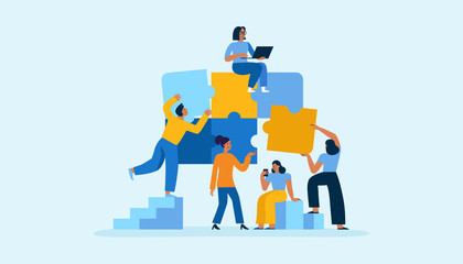 Vector illustration in simple flat style - teamwork and development concept - people holding  abstract geometric shapes and puzzle pieces - organisation and management - obrazy, fototapety, plakaty
