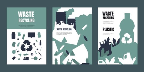 Garbage poster. Waste separation and recycling banners, trash management and environmental pollution flyers. Vector illustrations booklets and flyer of rubbish recycle set