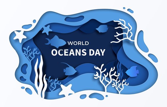 World Oceans Day paper cut sea background. 8 june paper craft summer poster for help sea ecosystem. Vector cartoon illustrations underwater ocean coral reef with waves fish and seaweeds concept