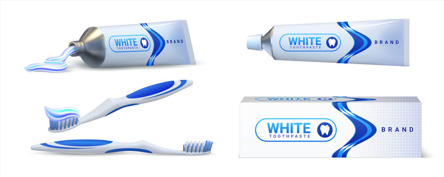 Toothpaste. Realistic 3D tube packaging mockup with brand identity and dental care advertisement. Vector isolated illustration oral hygiene products set with toothbrush and toothpaste