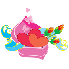 pink heart-shaped box with red hearts inside, isolated object on a white background, vector illustration, eps