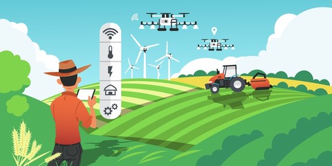 Smart farming. Growing crops and harvesting plants with futuristic technologies, drones on field and GPS vehicles. Vector image cartoon smart agro industry concept, future agricultural innovations © SpicyTruffel