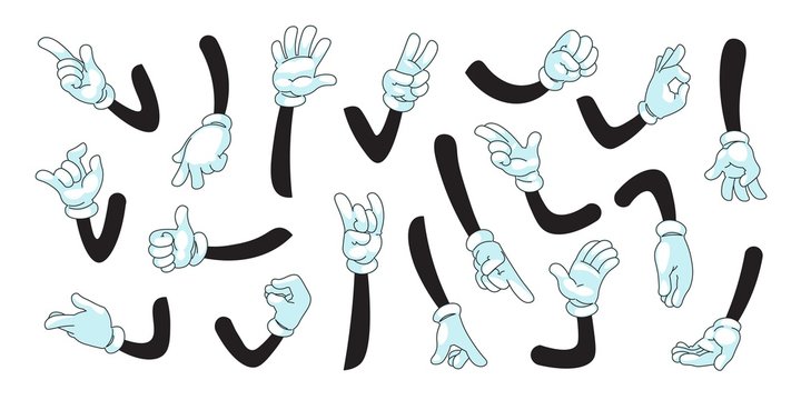 Cartoon arms. Human or mascot characters in white gloves showing gestures with palms and fingers. Vector illustration comic symbols collection with black contour hands gloves set
