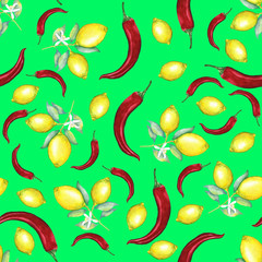 lemons and chili peper seamless pattern