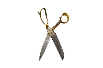 vintage old brass and silver metal scissors on isolated whith background with clipping path