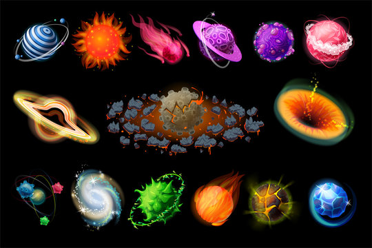 Space planets. Cartoon Universe elements, fire stones, ice comets, iron and gas planets, detailed fantasy colorful geoids. Vector isolated set funny alien fantastic elements space