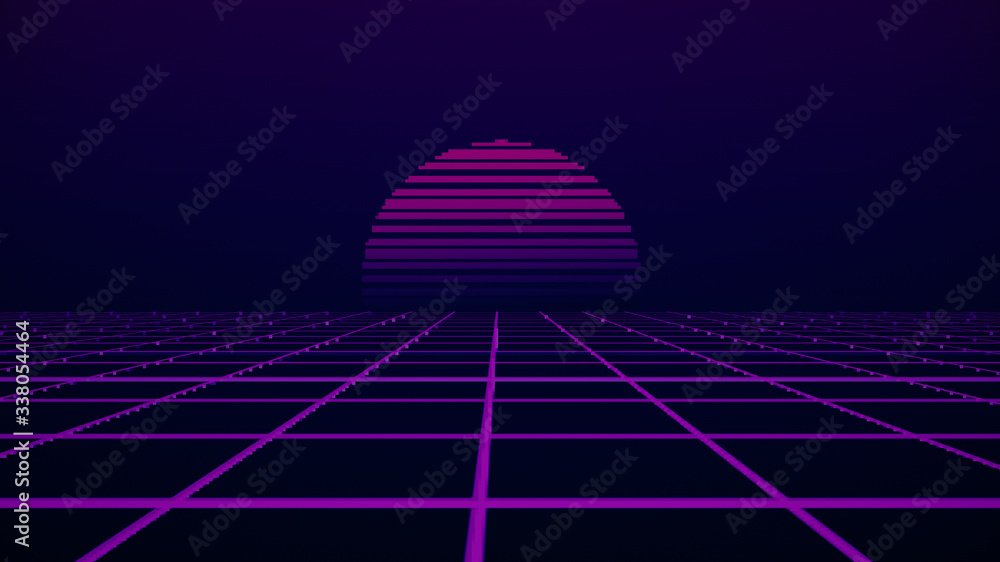 Aufkleber retro cyberpunk style 80s game scene pixel art 8-bit sci-fi background. futuristic with laser grid l