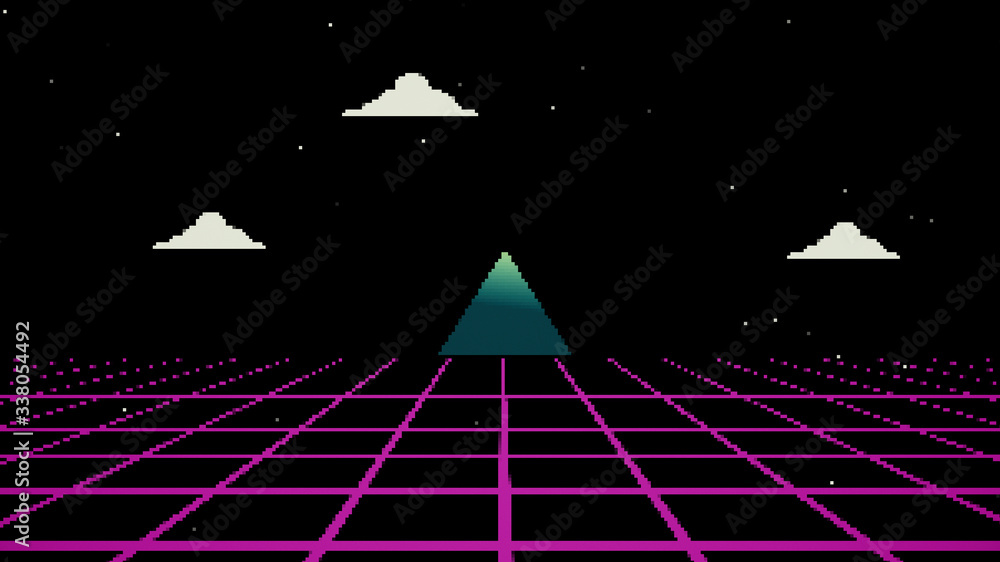 Aufkleber retro cyberpunk style 80s game scene pixel art 8-bit sci-fi background. futuristic with laser grid l