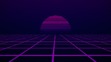 Retro cyberpunk style 80s game scene pixel art 8-bit sci-fi background. Futuristic with laser grid landscape. Digital cyber surface style of the 1980`s. 3D illustration © NotjungCG_36