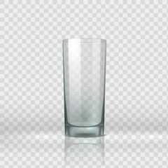 Empty glass. Realistic clear drink container, restaurant glassware. Vector image crystal cup for water or juice isolated on transparent background
