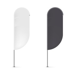 Textile black and white waving flags. Outdoor exhibition promotion mockup, blank white beach feathers. Vector mock up empty advertisement banner for information