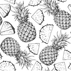 Seamless pattern. Pineappple hand drawn package design. Pineapple template. Vector illustration. Pineapple sketch, brochure illustration. Pattern illustration. Can used for package