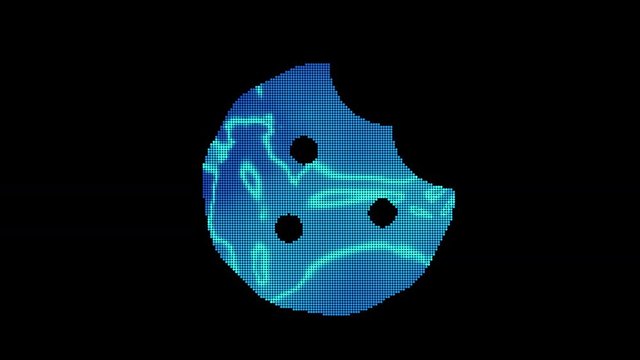 The symbol cookie bite is assembled from small balls. Then it shimmers with blue. It crumbles and disappears. In - Out loop. Alpha channel Premultiplied - Matted with color black