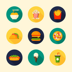 Set of food and drink flat design icon with long shadow in circle shape