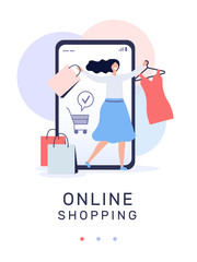 woman with packages and inscription online shopping vector illustration