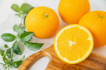 Orange fruit on white background . Healthy food. orange with green leaf on white background.